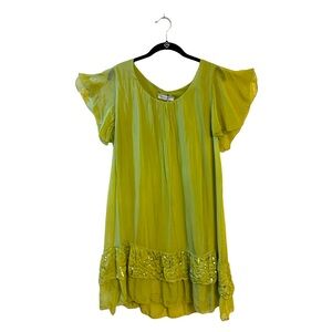 Adele Altman Lime Green Flowy Silk Dress with Sequin Appliqués